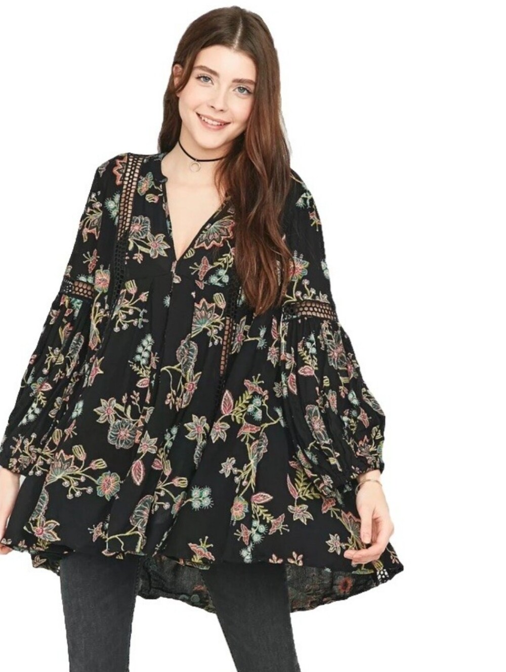 Free People Just Two Of Us Boho Oversized ⁸Floral Black Peasant Tunic